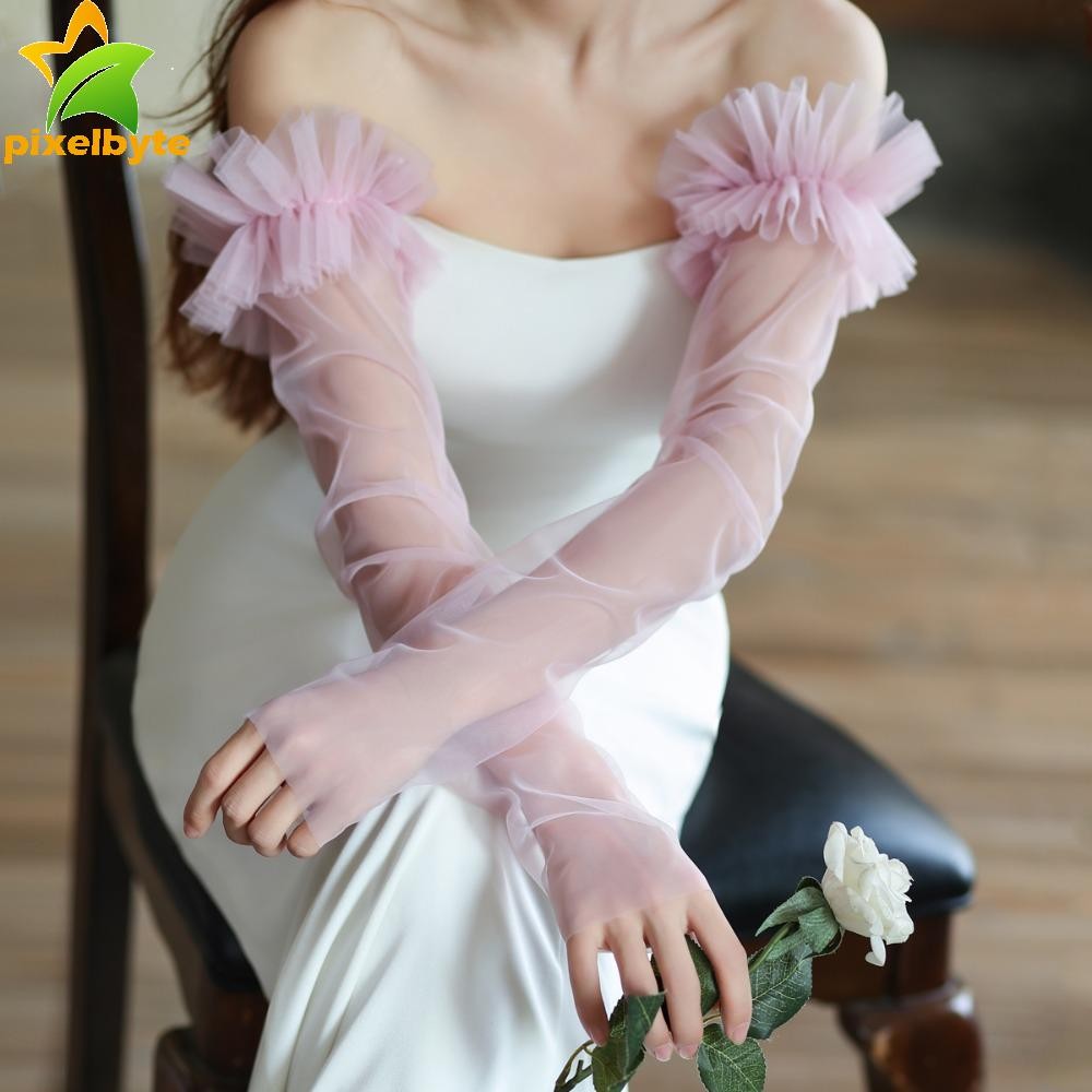 พิกเซลบาย ปลอกแขนเจ้าสาว,สไตล์เกาหลีสีทึบแต่งงานแขนยาว,ของขวัญน้ําหนักเบายืดหยุ่นระบายอากาศจีบลูกไม้แขนครอบคลุมจัดเลี้ยง