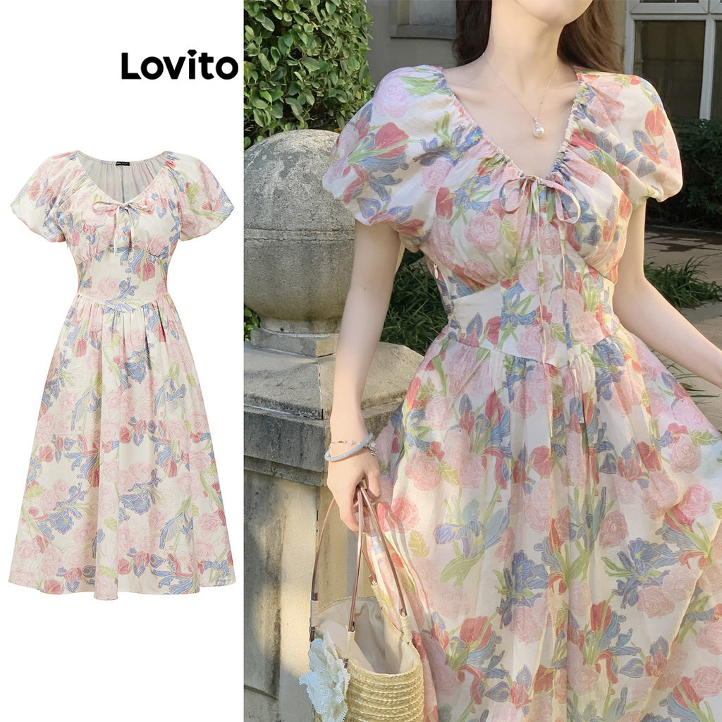 Lovito เดรสผู้หญิง ลายดอกไม้ ผูกเชือก สไตล์โบโฮ L95ED114