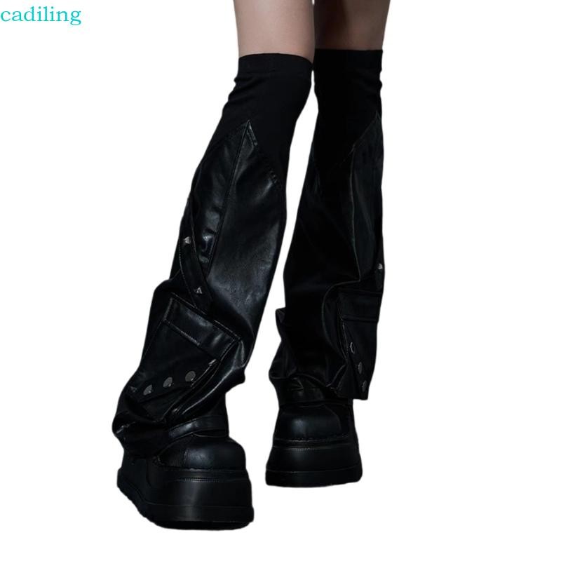 Cadiling Harajuku Rivets Flared Leg Covers Punk Over Knee Elastic Top Leather Leg Warmers