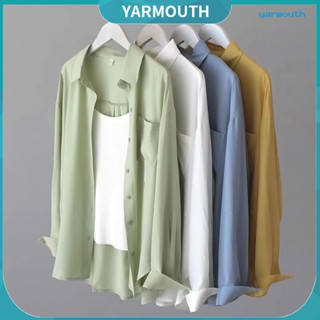 Yyr-- เสื้อเชิ้ตแขนยาว คอปก มีกระเป๋าเสื้อ สีพื้น ทรงหลวม สําหรับผู้หญิง