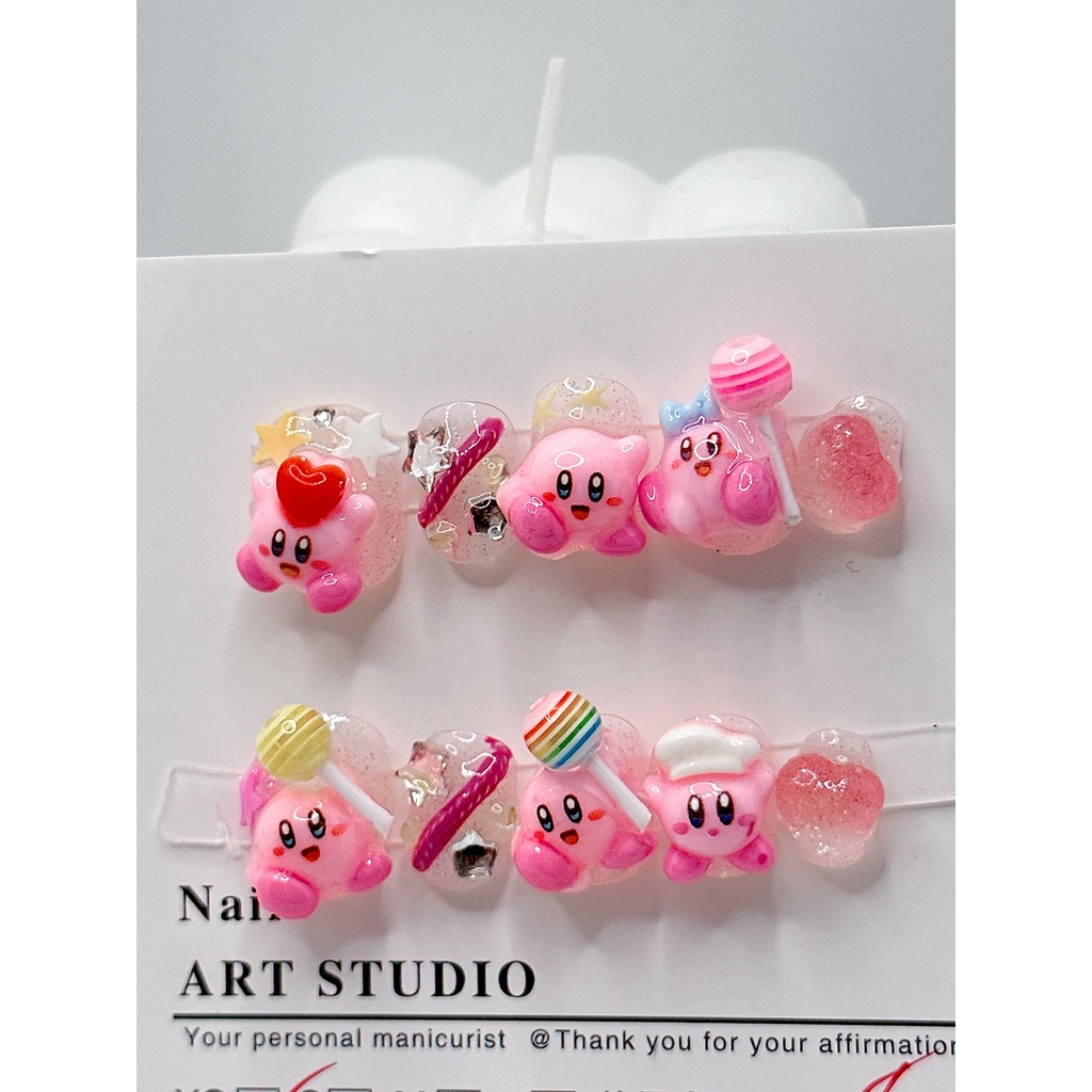 Kirby Super Star เล็บปลอม แฮนด์เมด ลายการ์ตูนดาว อมยิ้ม หัวใจ สีชมพู สําหรับตกแต่งเล็บ