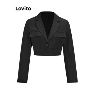 Lovito เบลเซอร์ มีกระเป๋า กระดุมติด สีพื้น สไตล์ลำลอง สำหรับผู้หญิง L58AD062 (สีดำ)