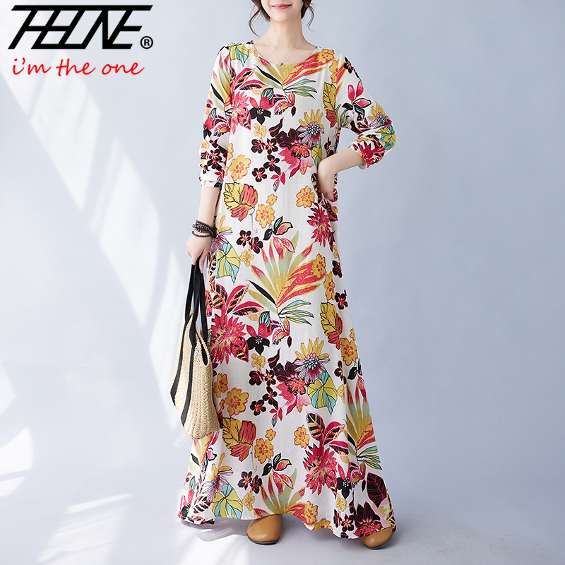ชุดเดรสสําหรับผู้หญิงฤดูใบไม้ร่วงฤดูหนาวดอกไม้Maxi OคอOคอพิมพ์ผ้าฝ้ายผ้าลินินVestido Feminino Robe R