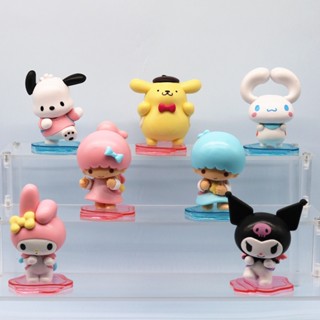 Sq2 ฟิกเกอร์ Sanrio Action Figure Animals Backpack Series Kuromi Melody Cinnamoroll Pachacco Twins Purin ของเล่นสําหรับเด็ก 7 ชิ้น