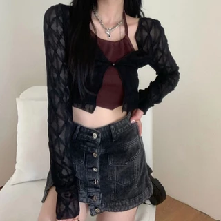 พร้อมส่ง เสื้อคลุมซีทรู ใหม่ เสื้อยืดลูกไม้คอวีแขนยาวทรงเข้ารูปที่ชายเส