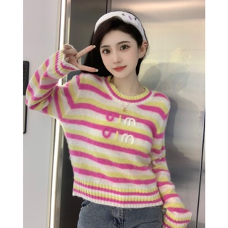 YMCS MIU MIU 23 autumn and winter New letter embroidered mohair color striped round neck long sleeve pullover top womens knitwear