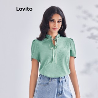 Lovito เสื้อเบลาส์ลําลอง ประดับโบว์ด้านหน้า สําหรับผู้หญิง LBE03101 (สีเขียว)