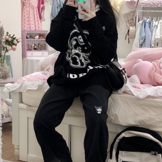 Sanrio Kuromi Jacquard เสื้อกันหนาวแขนยาว ผ้าถัก ทรงหลวม ให้ความอบอุ่น อเนกประสงค์ สไตล์ญี่ปุ่น แฟชั่นฤดูใบไม้ร่วง และฤดูหนาว สําหรับผู้หญิง 2023