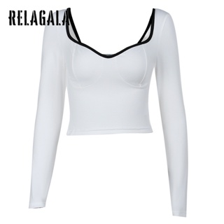 Relagala ใหม่ เสื้อยืดลําลอง แขนยาว เข้ารูป สีตัดกัน เรียบง่าย สําหรับสตรี 2023