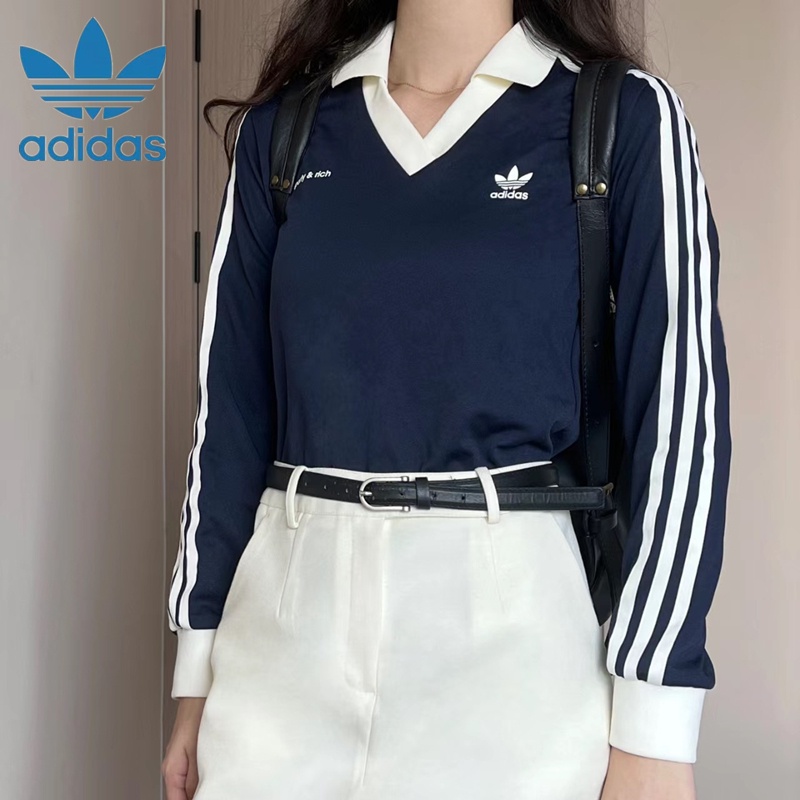 ปักโลโก้ Adidas Original Polo Neck Long Sleeved Shirt เสื้อโปโลผู้หญิงเสื้อสเวตเตอร์ผ้าฝ้ายแขนยาวลํา