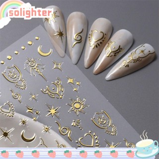 SOLIGHTER สติกเกอร์ติดเล็บ ลายดวงจันทร์ ดาว มีกาวในตัว สีทอง สไตล์วินเทจ สําหรับผู้หญิง 5 ชิ้น ต่อชุด