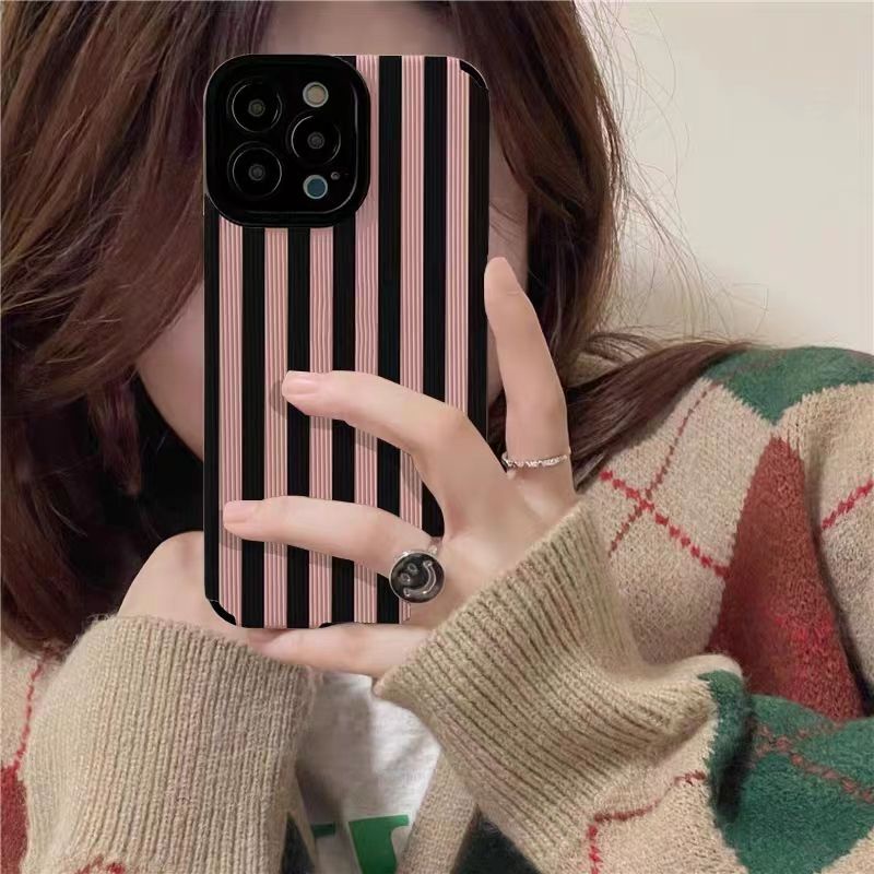 เคสโทรศัพท์มือถือหนังแกะนิ่ม กันกระแทก ลายเส้น สีชมพู สีดํา สําหรับ Iphone 15Promax 14PROMAX 11promax 12 13 15 6 7 8plus XR Xmax