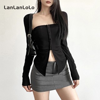 Lanlanlolo ชุดเสื้อแขนยาว คอสี่เหลี่ยม ลําลอง ผ่าข้าง สีพื้น เซ็กซี่ สําหรับผู้หญิง 2023