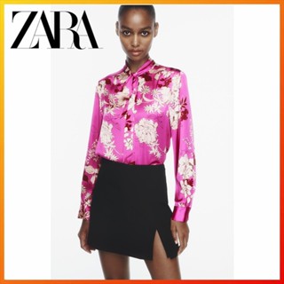 Zara ฤดูใบไม้ร่วง ใหม่ เสื้อผ้าผู้หญิง พิมพ์ลาย ผ้าไหมซาติน เสื้อเชิ้ต