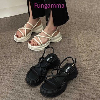 Fungamma พร้อมส่ง รองเท้าแตะลําลอง ส้นเตี้ย แบบหนา ใส่สบาย กันลื่น สไตล์โรมัน แฟชั่นสําหรับผู้หญิง