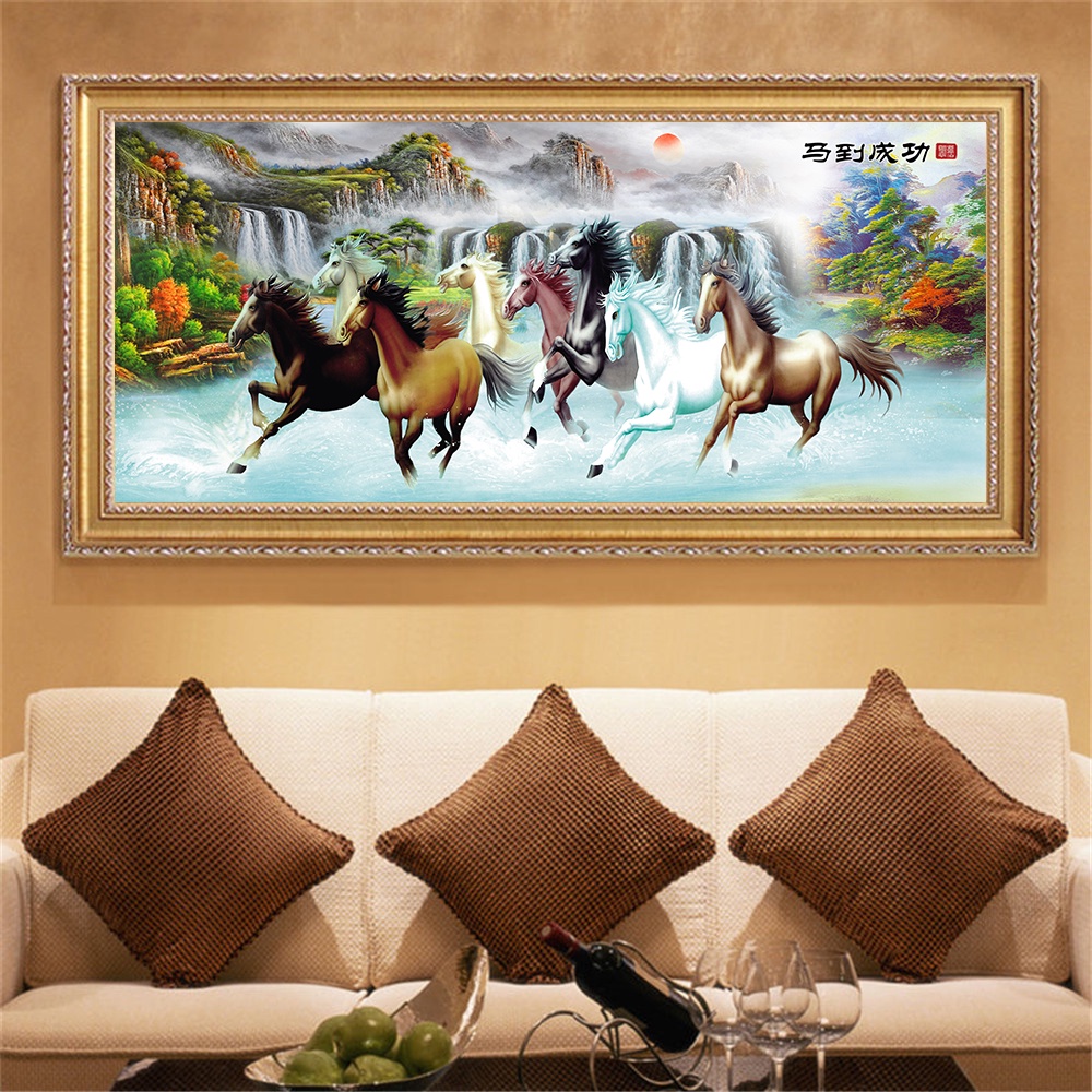 ภาพวาดผ้าใบ รูปม้าวิ่ง 8 ตัว สไตล์จีน สําหรับตกแต่งผนัง ห้องนั่งเล่น ของขวัญ