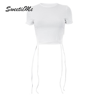 Sweeticme เสื้อยืดคอกลม แขนสั้น สีพื้น แฟชั่นใหม่ สําหรับผู้หญิง 2023