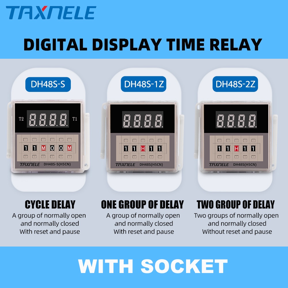 Taxnele DH48S-2Z DH48S-1Z DH48S-S Digital Timer Relay AC110V 220V DC 12V 24V พร้อมรีเลย์ฐาน DH48S