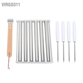 Virgo311 ที่ถอดออกได้สแตนเลสสุนัขร้อนไส้กรอก Roller Rack Steamer ยาวพิเศษจับไม้ 4 Skewers 6 Stick Design BBQ เครื่องมือ