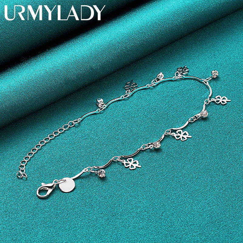 Urmylady สร้อยข้อมือเงินแท้ 925 จี้เพทาย รูปใบโคลเวอร์สี่แฉก ทรงกลม เครื่องประดับแฟชั่น สําหรับผู้หญิง งานแต่งงาน ปาร์ตี้