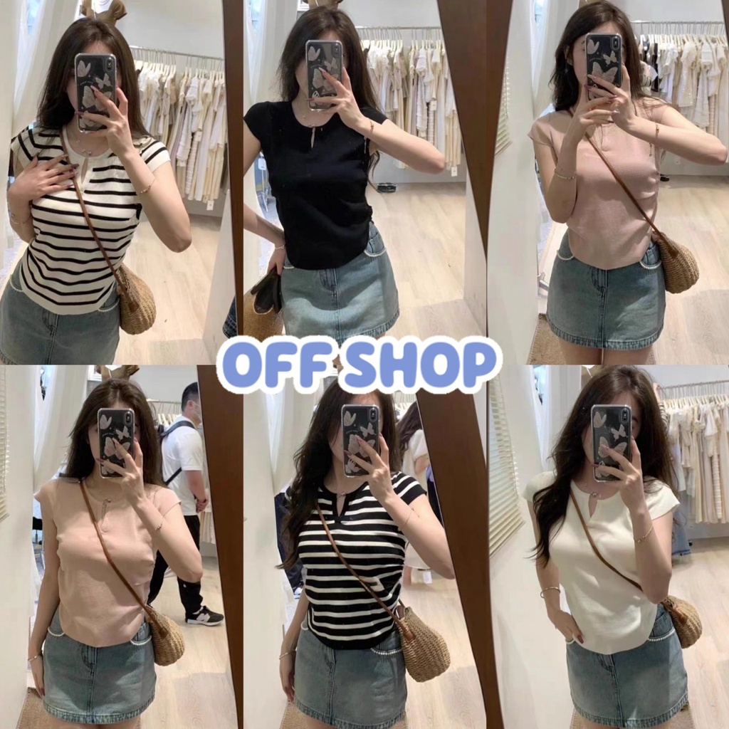 OFF SHOP พร้อมส่ง (OFF-5A105) เสื้อไหมพรมแขนสั้น คอวีนิดๆ สไตล์เกาหลีมี 2แบบ -C