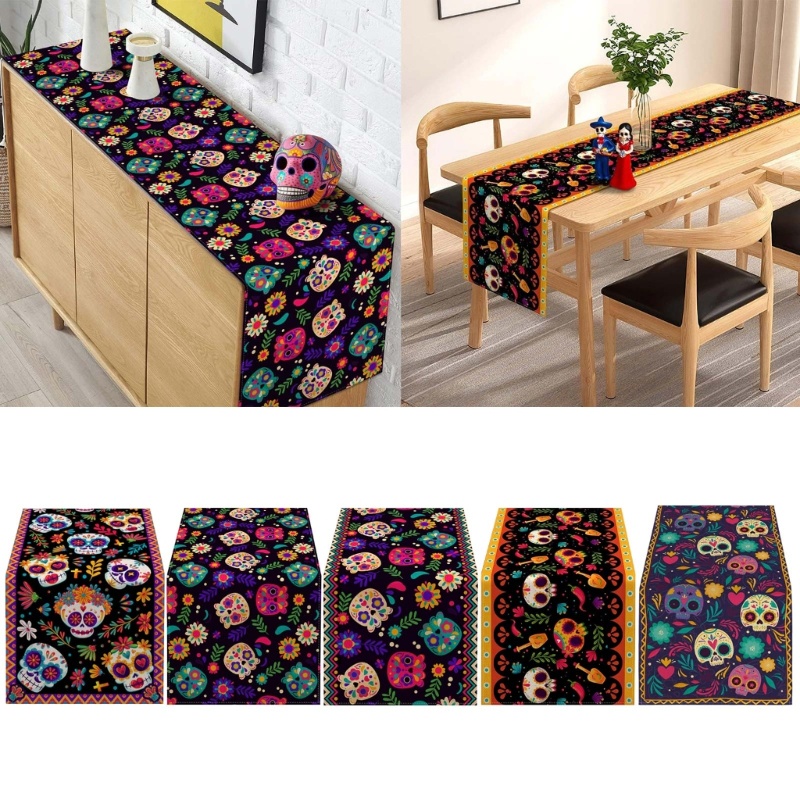 Winu Halloween Skull Table Runner Linen Mexico Kitchen Table Runners ผ้าปูโต๊ะตกแต่ง