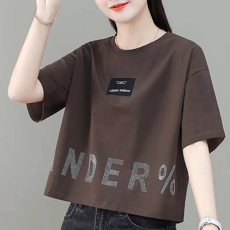 เสื้อยืดคอกลม แขนสั้น ประดับเพชร ทรงหลวม พลัสไซซ์ แฟชั่นฤดูร้อน สําหรับผู้หญิง 2023