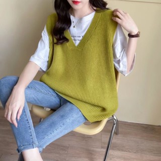 เสื้อกั๊ก แขนกุด ผ้าถัก ทรงหลวม กระชับสัดส่วน พลัสไซซ์ สีพื้…