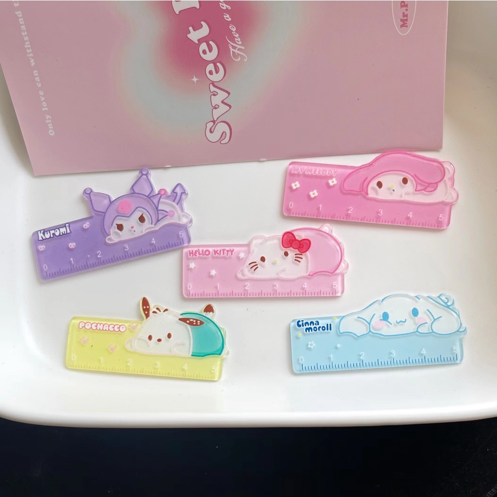 SANRIO ไม้บรรทัดขนาดเล็ก ซานริโอ เครื่องเขียนอะคริลิคนักเรียนการ์ตูนแบบพกพาไม้บรรทัดขนาดเล็กสร้างสรรค์แบบพกพา