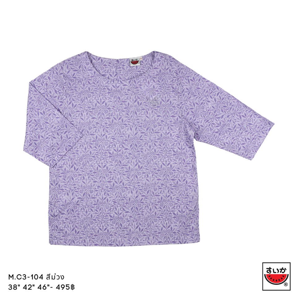 เสื้อแตงโม (SUIKA) - เสื้อผ้าป่านมัสลิน คอปาดกระดุมหลัง 3 เม็ด แขนสามส่วน ลายดอกไม้ (M.C3-104)