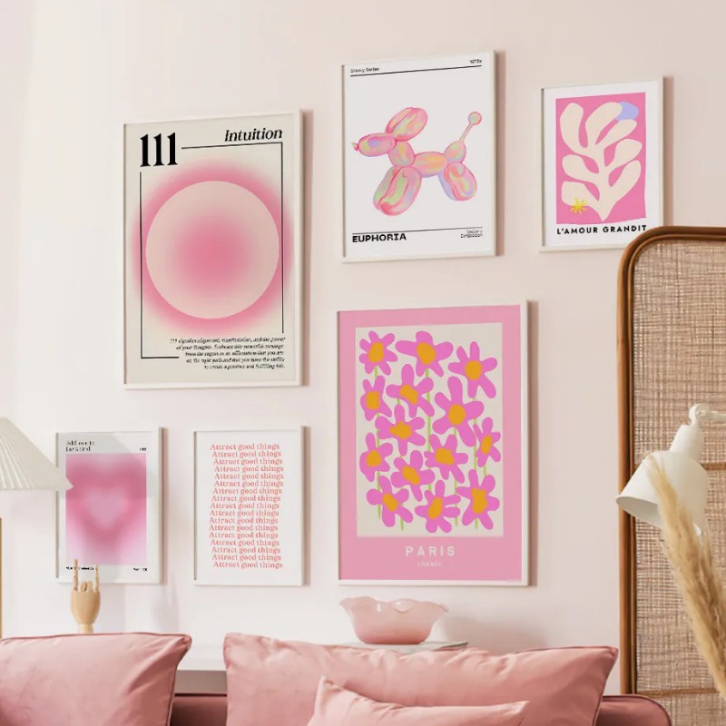 Gallery Wall Art โปสเตอร์สําหรับตกแต่งห้องนั่งเล่น Pink Angel Number ตลาดดอกไม้นิทรรศการภาพวาดผ้าใบบทคัดย่อโปสเตอร์