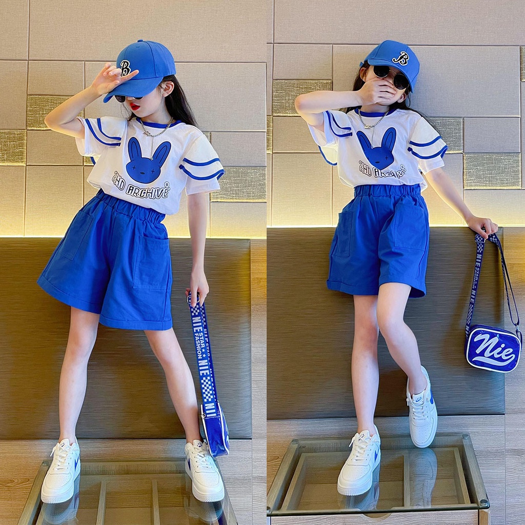 เสื้อยืดแขนสั้น กางเกงขาสั้น แฟชั่นฤดูร้อน สําหรับเด็กผู้หญิง สองชิ้น