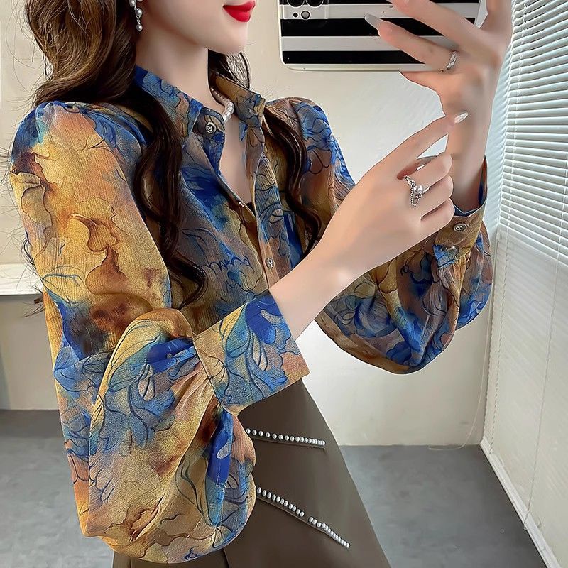 เสื้อเชิ้ตแขนทรงโคมไฟ ผ้าชีฟอง ทรงหลวม สไตล์เกาหลี พลัสไซซ์ สําหรับผู้หญิง