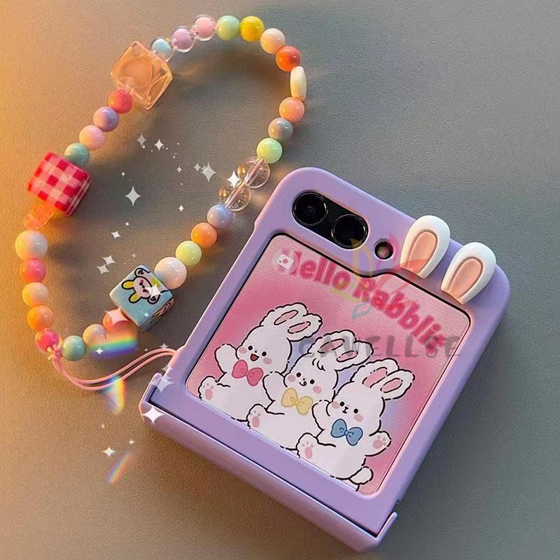 SAMSUNG หูกระต่ายน่ารักผิวบางสีม่วงเคสโทรศัพท์samsung Galaxy Z Flip 5 Z Flip 4 Z Flip 6พร้อมสร้อยข้อมือมุกสายรัดข้อมือบานพับเต็มกันกระแทกกลับกรณีFlip5 Flip4