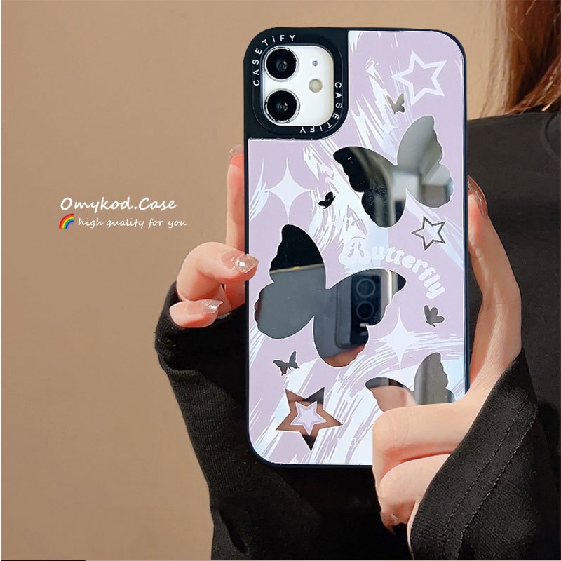 เคสป้องกันโทรศัพท์มือถือ แบบนิ่ม ลายการ์ตูนผีเสื้อ มีกระจก สําหรับ iPhone 15 14 13 11 12 Pro Max 8 7 XR XS Max SE 2020