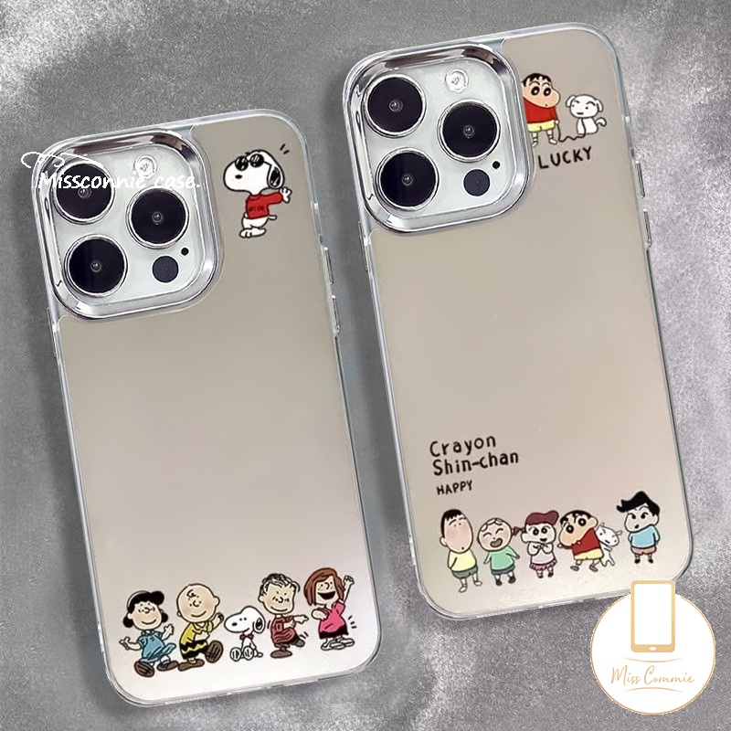 การ์ตูนเครยอนชินจังคู่กรณีเข้ากันได้สําหรับiphone 16 11 X 7Plus 8Plus XS Max XR 15 14 13 12 Pro Max 15 6 7 6S 8 Plus SEตลกS Snoopyหรูหราชุบโลหะเลนส์ปกอ่อน
