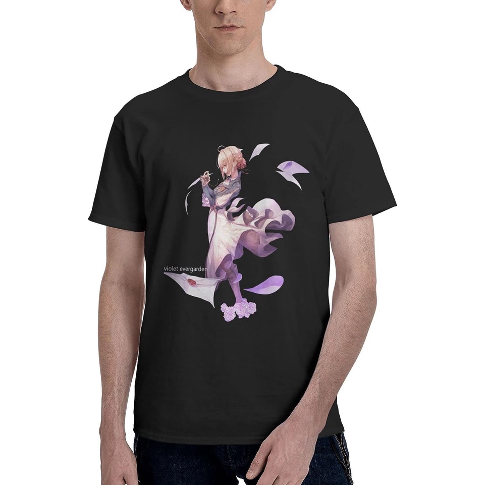 เสื้อยืดแขนสั้นAnime Violet Evergarden Shirt Mens Cotton Short Sleeve T-Shirt Casual Crew Neck TopsS