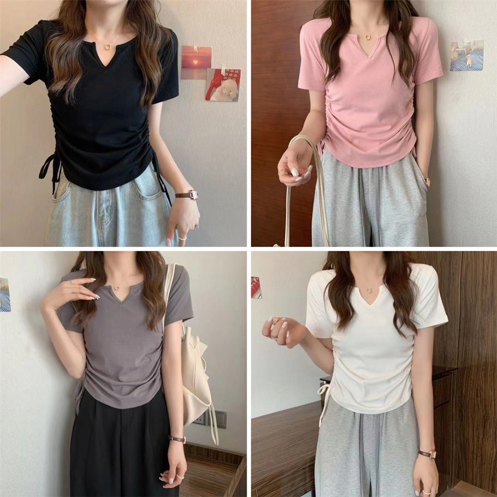 เสื้อยืดคอวีสั้นทรงสวยเข้ารูปสีพื้นแฟชั่นฤดูร้อน สไตล์เกาหลี สําหรับผู้หญิง