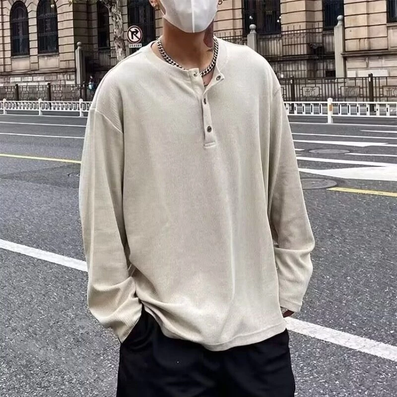 MNO.9 T-shirt long-Sleeve T54 เสื้อยืดผู้ชาย แขนยาว คอกระดุมแป๊ก ลำลองทรงหลวม เสื้อวินเทจ