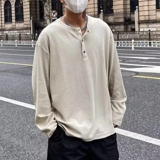 MNO.9 T-shirt long-Sleeve T54 เสื้อยืดผู้ชาย แขนยาว คอกระดุมแป๊ก ลำลองทรงหลวม เสื้อวินเทจ