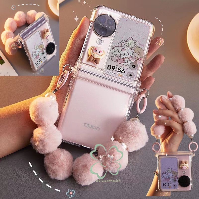 เคสโทรศัพท์มือถือ PC แข็ง แบบใส ฝาพับ ป้องกัน ปิดด้านหลัง ประดับจี้ลูกบอลขน 3D สําหรับ OPPO Find N3 N2