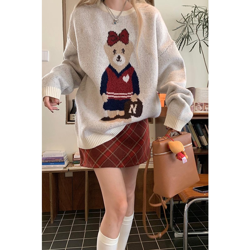 เสื้อกันหนาว คอกลม ผ้าถัก ทรงหลวม และกระโปรง ทรงเอ ลายสก๊อต แฟชั่นฤดูหนาว สไตล์เกาหลี สําหรับผู้หญิง