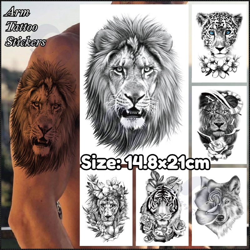 【MF Magic Tattoo】สติกเกอร์รอยสักชั่วคราว กันน้ํา ลายสิงโต เสือ หมาป่า สัตว์ 15 วัน