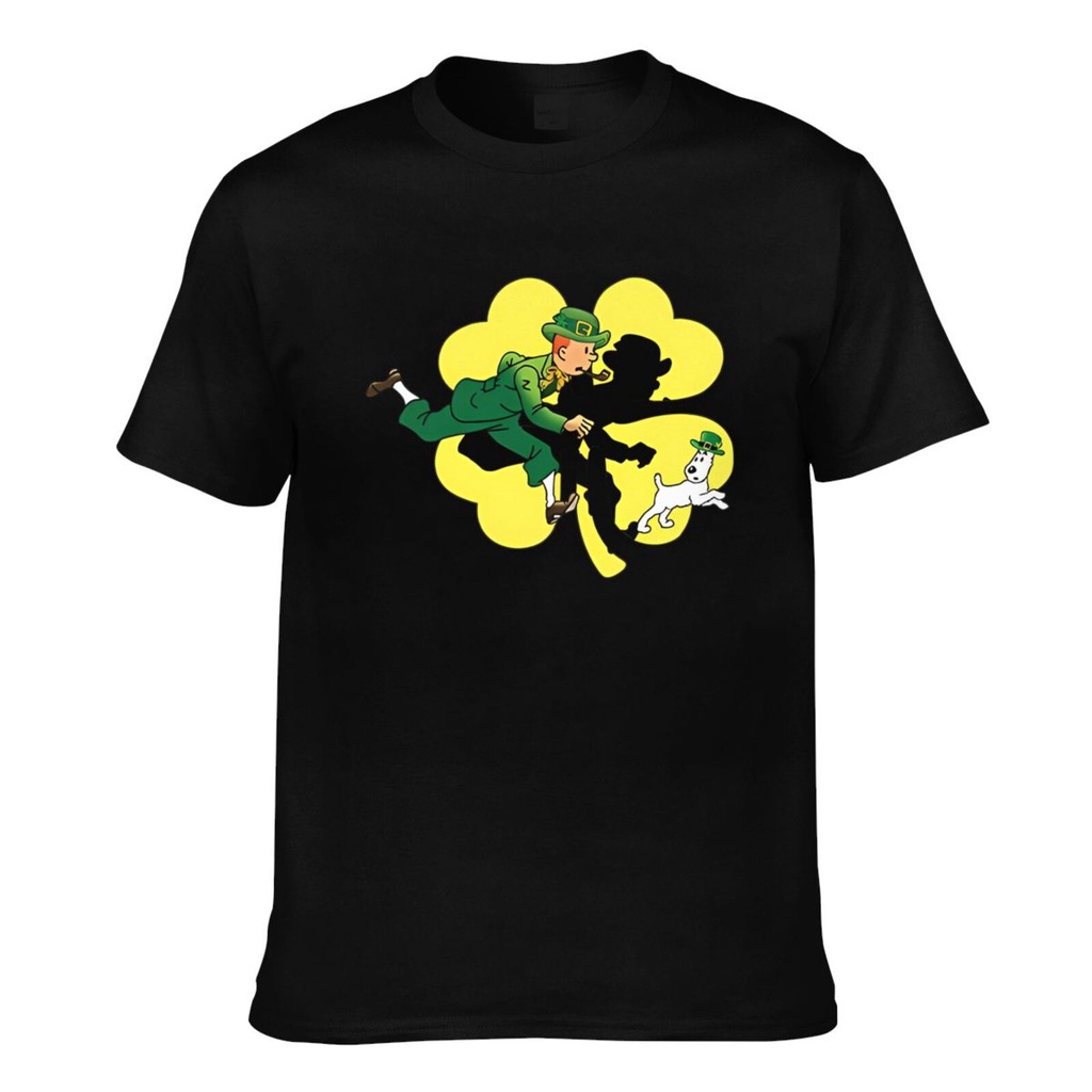 Adventure Of Tintin Snowy Green Suit Shamrock การ์ตูนคอกลม Tee Men Gift