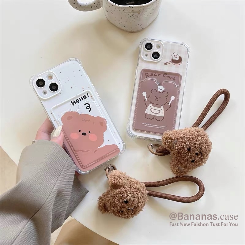 Iphone 15 14 13 12 11 Pro Max X Xr Xs Max เคสโทรศัพท์ การ์ตูนหมี + สายคล้อง การ์ด เคสนิ่ม