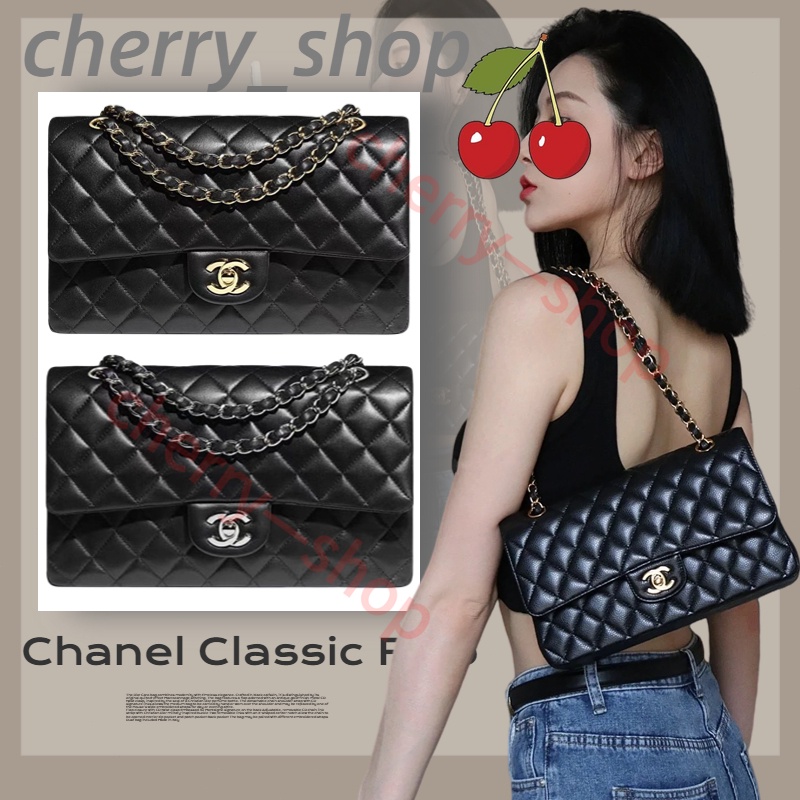 ชาแนล Chanel Classic Flap CF chain crossbody bag Black gold 23cm&amp;25cm A01112