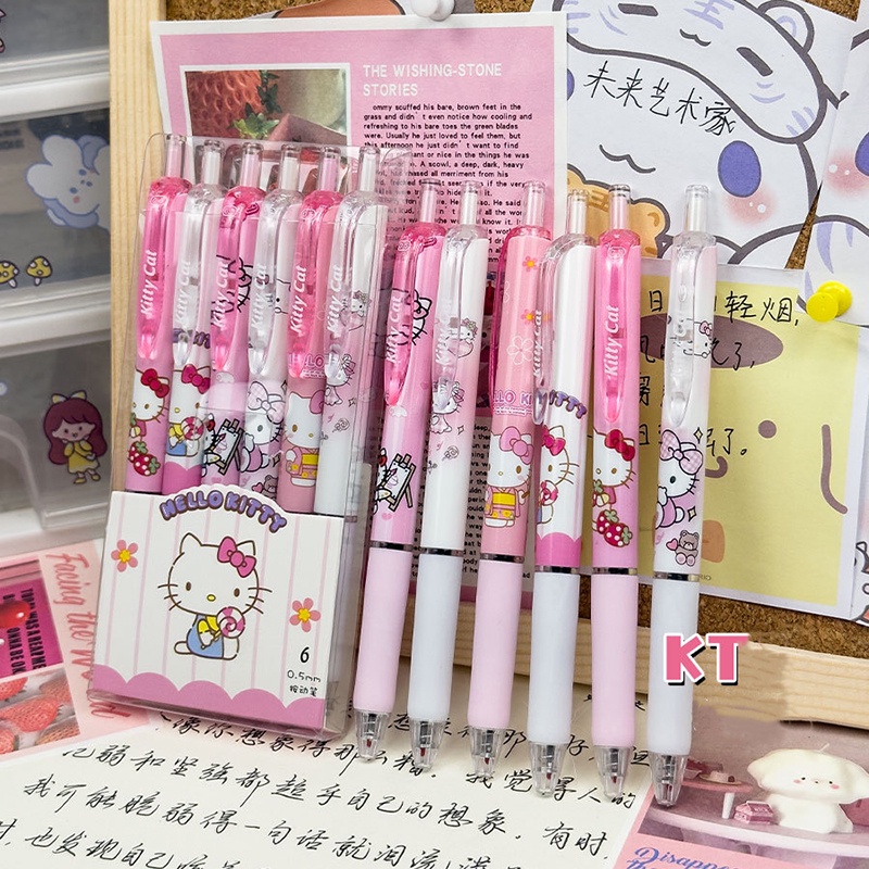 Kawaii Sanrio Kuromi Hello Kitty ชุดปากกาเจล 0.5 มม. แห้งเร็ว ลายการ์ตูนน่ารัก สีดํา เครื่องเขียน สําหรับนักเรียน 6 ชิ้น ต่อชุด