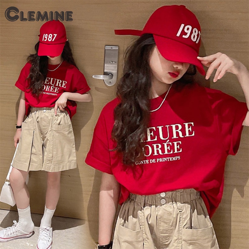 Clemineเสื้อยืดแขนสั้น พิมพ์ลายตัวอักษร สีแดง สําหรับเด็กผู้หญิง