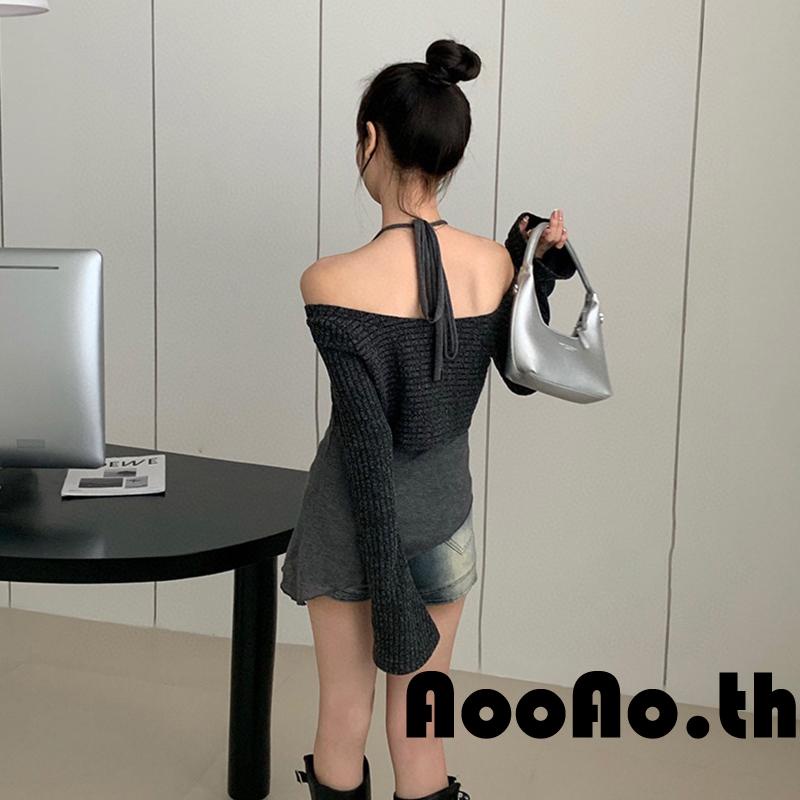 Aooao-เสื้อกล้ามสีทึบสําหรับผู้หญิง Tie-Up Halter คอเสื้อแขนกุดเปลือยพร้อมเสื้อครอปแขนยาว