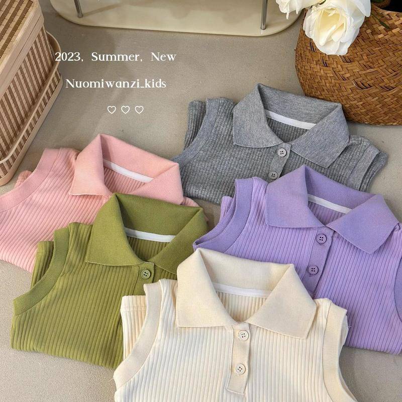 เสื้อกล้าม คอปกโปโล แขนกุด สีพื้น แฟชั่นฤดูร้อน สําหรับเด็กผู้หญิง